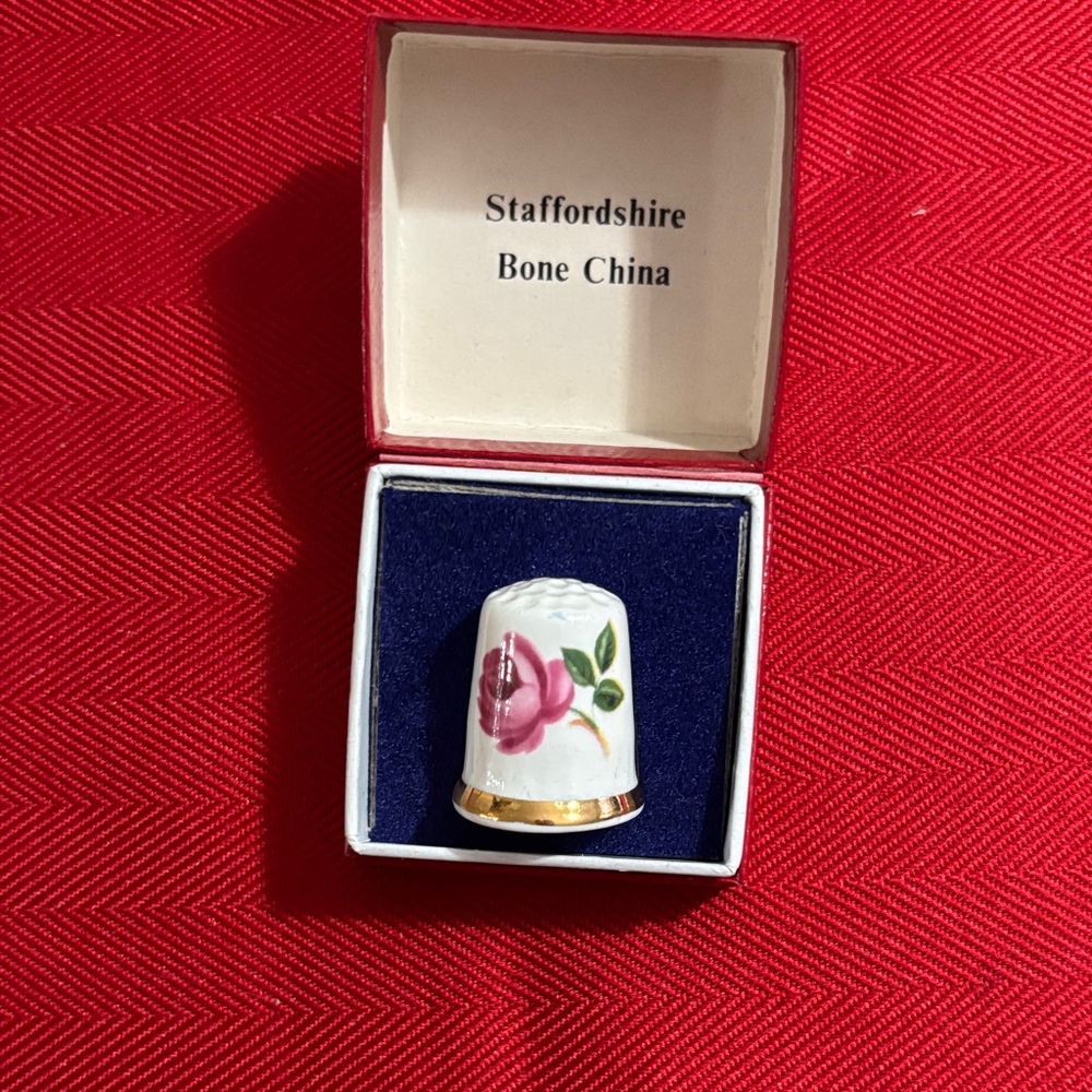 Vintage Staffordshire Bone China Thimble with Pink Floral Design